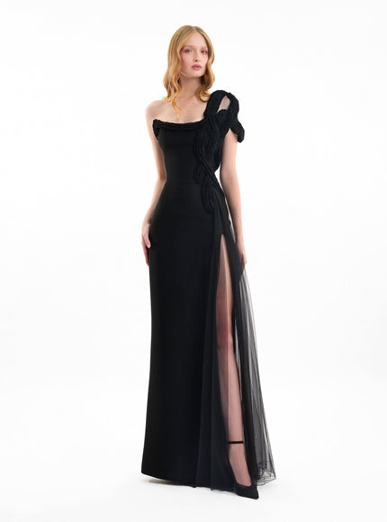 Gemy Maalouf One-Shoulder Gown With Sculptural Embroidery Black