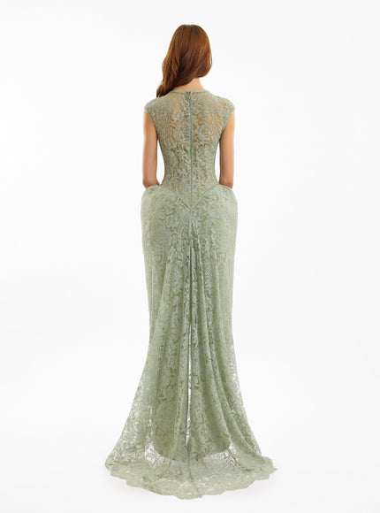 Gemy Maalouf Sculpted Lace Gown With Sheer Bodice