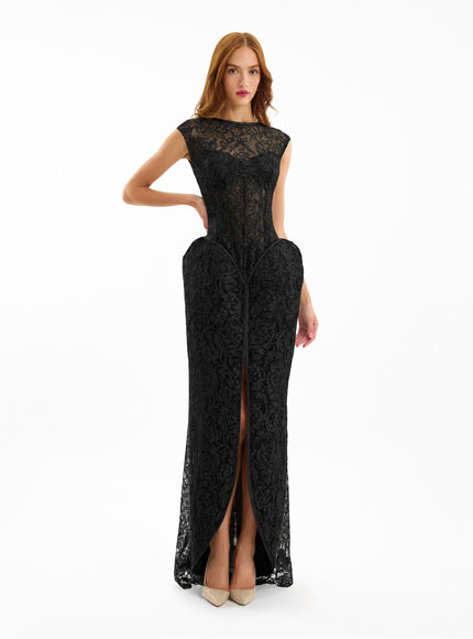 Gemy Maalouf Sculpted Lace Gown With Sheer Bodice Black