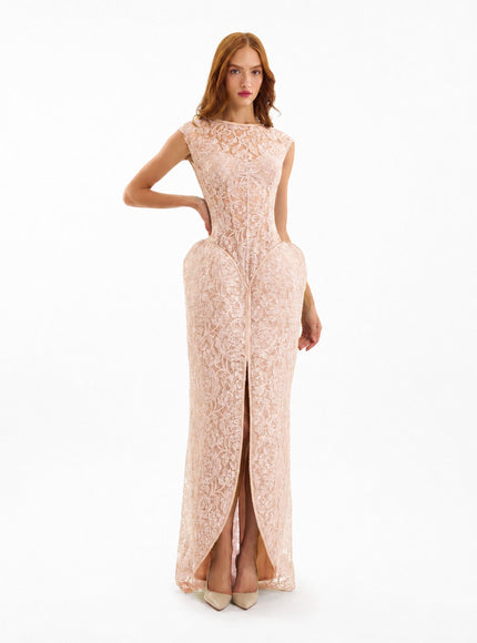 Gemy Maalouf Sculpted Lace Gown With Sheer Bodice Pink