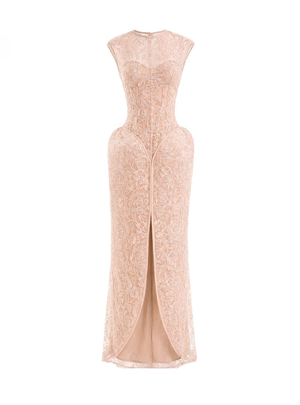 Gemy Maalouf Sculpted Lace Gown With Sheer Bodice
