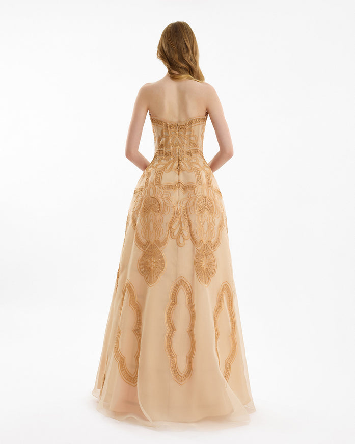 Gemy Maalouf Strapless Embroidered Cage Skirt Gown