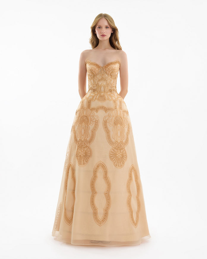 Gemy Maalouf Strapless Embroidered Cage Skirt Gown Beige