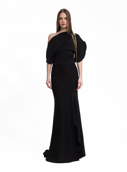 Gemy Maalouf Asymmetrical Neckline Gown No. 7052 Black