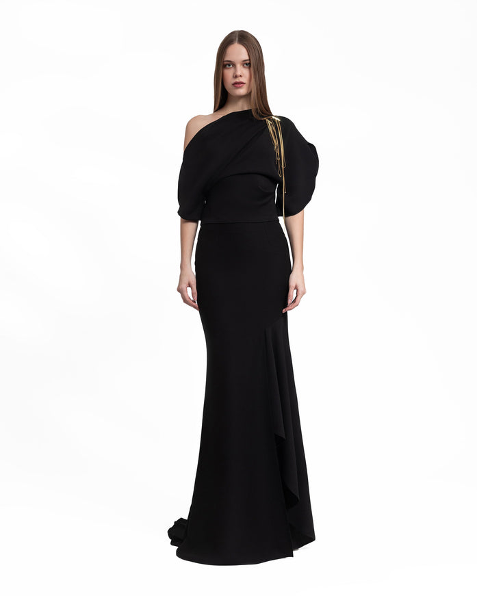 Gemy Maalouf Asymmetrical Neckline Gown No. 7052 Black