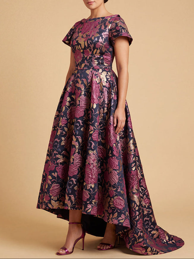 Lara A-line Brocade Gown with Short Sleeves | 400016