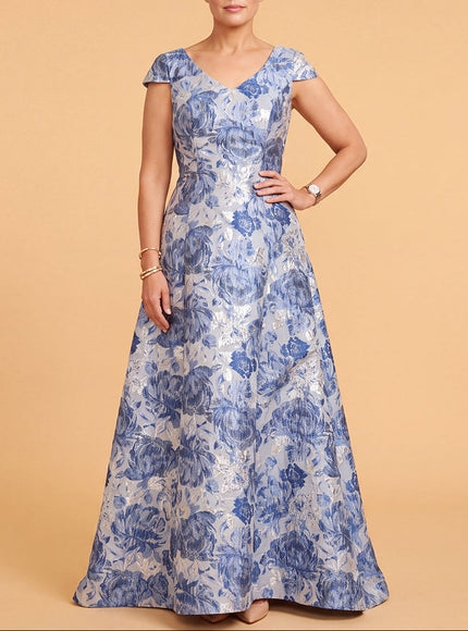 Lara A-line Brocade Gown with Cap Sleeves | 400013 Blue