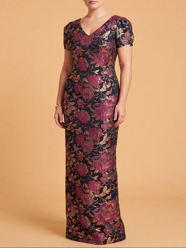 Lara Sheath Brocade Gown with Short Sleeves | 400011