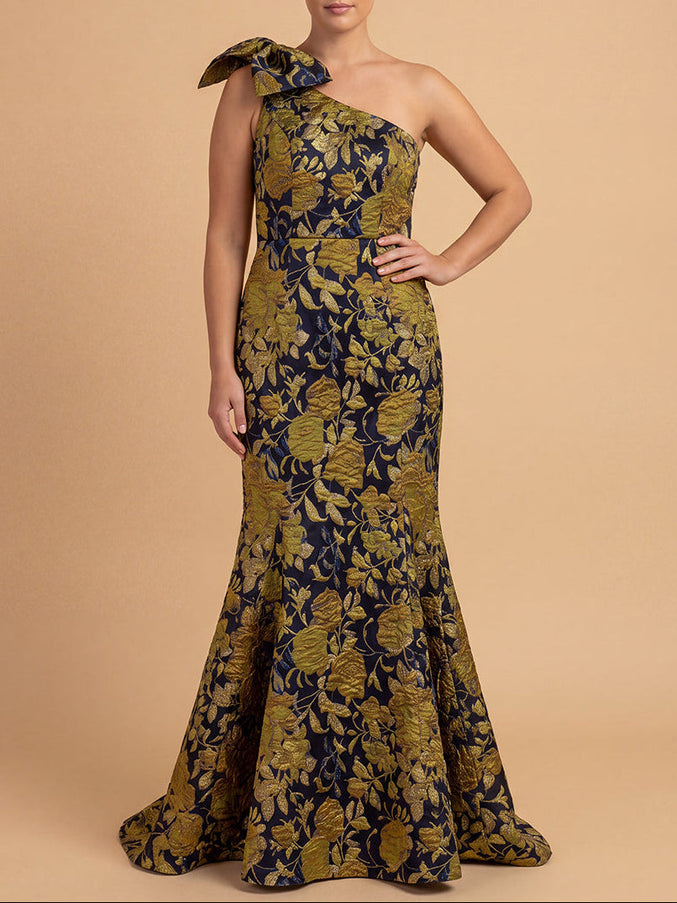 Lara New York One Shoulder Mermaid Brocade Gown with Bow