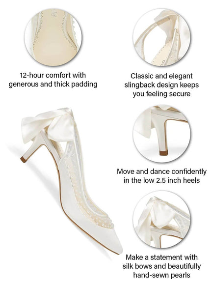 Bella Belle Georgia Ivory Pearl Silk Bow Slingback Kitten Heels