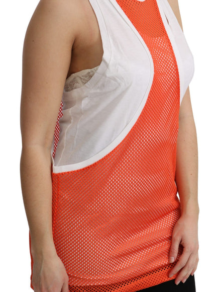 a woman in an orange and white tank top