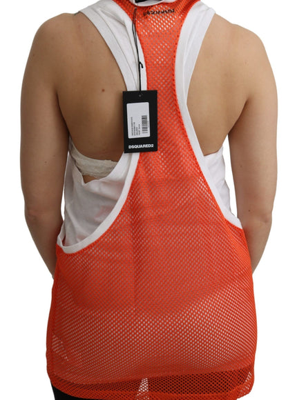 the back of a woman wearing an orange vest