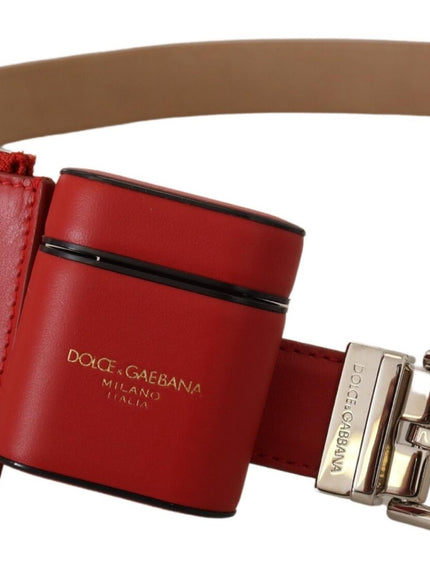 a red leather belt with a metal buckle