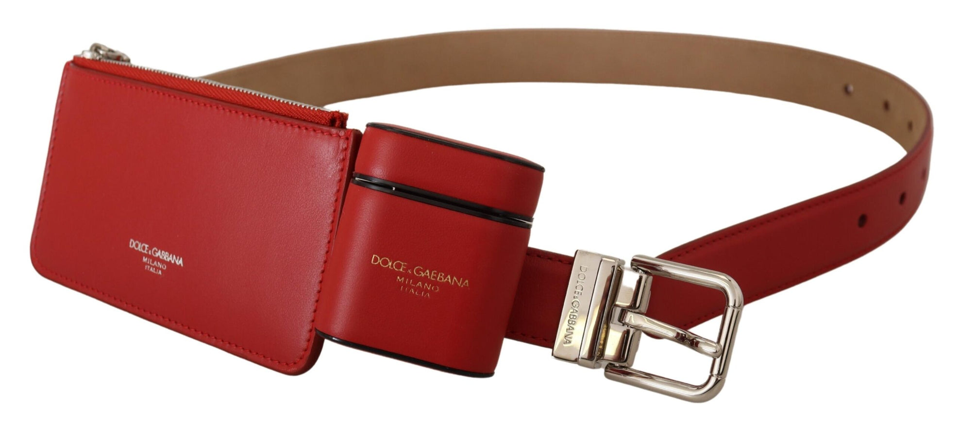 a red leather belt with a metal buckle