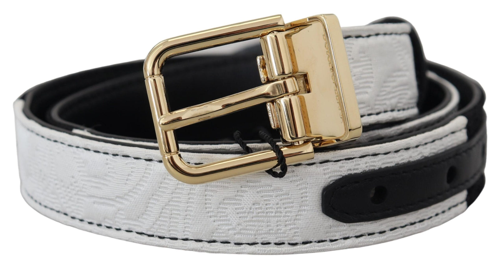 a white and black belt with a gold buckle