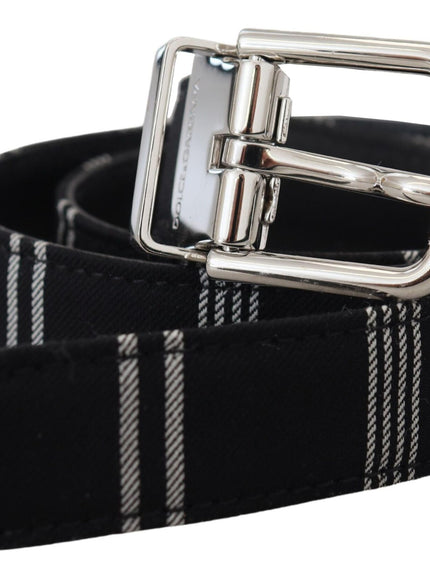 a black and white plaid belt with a metal buckle