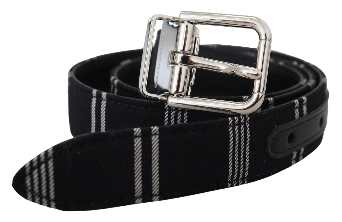 a black and white plaid belt with a metal buckle