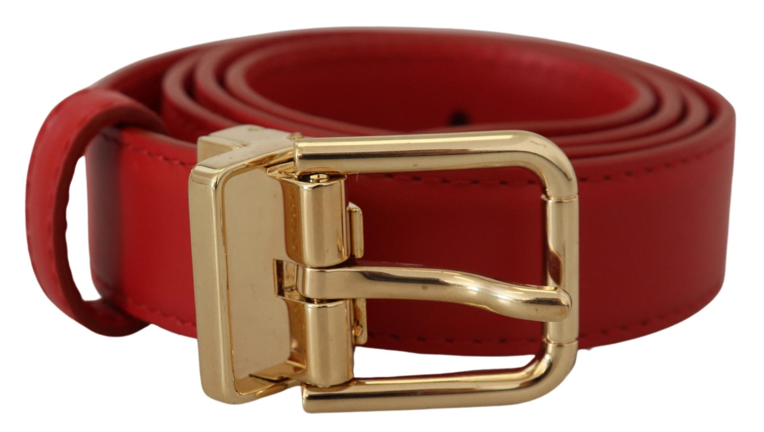 a red leather belt with a gold buckle