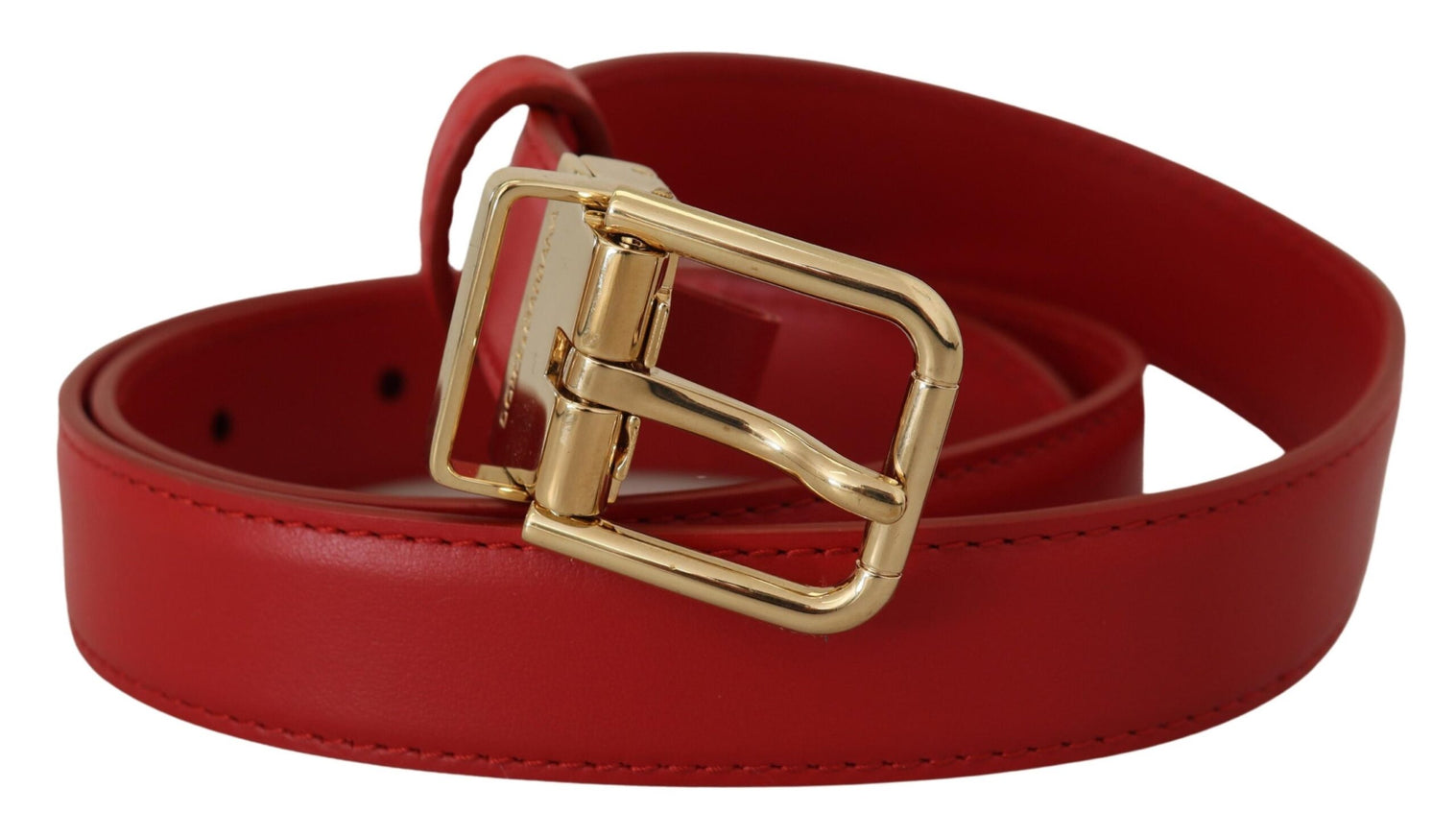 a red leather belt with a gold buckle