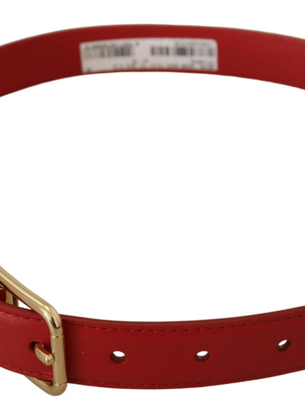 a red leather belt with a gold buckle