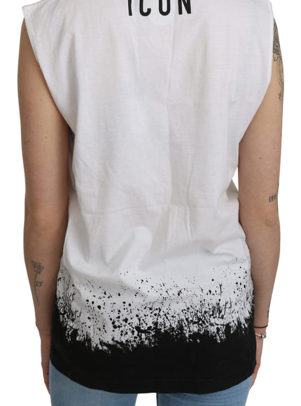 a woman wearing a white shirt with black ink on it