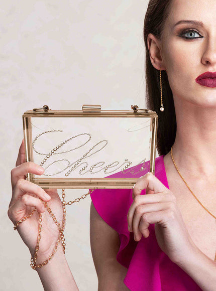 Ariel Taub Irresistible Crystal "Cheers" Lucite Clutch