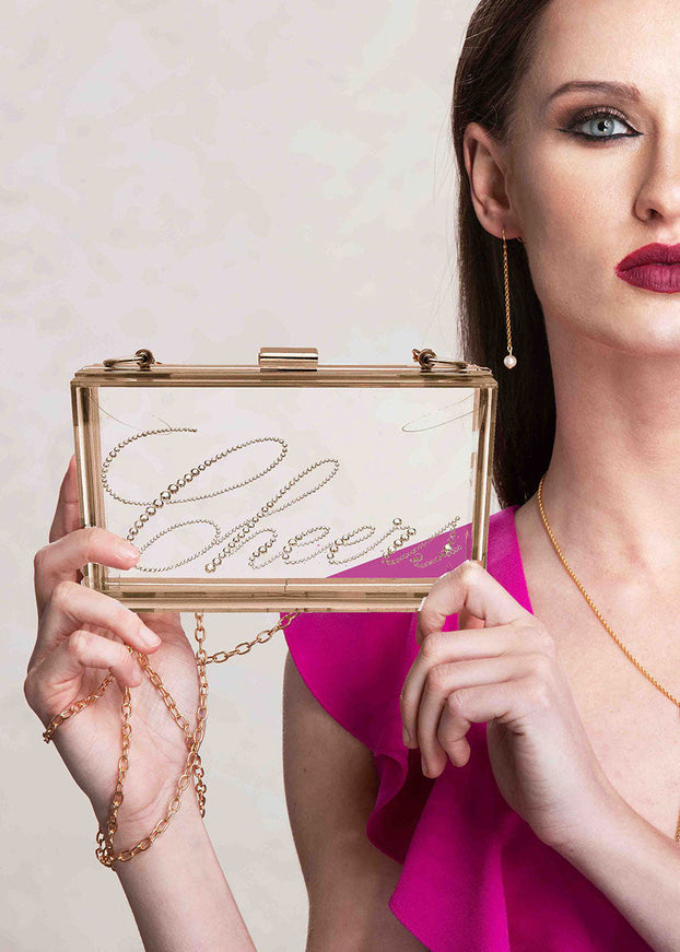 Ariel Taub Irresistible Crystal "Cheers" Lucite Clutch