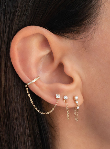 Zoe Lev 3 Prong Diamond Stud Chain Earrings