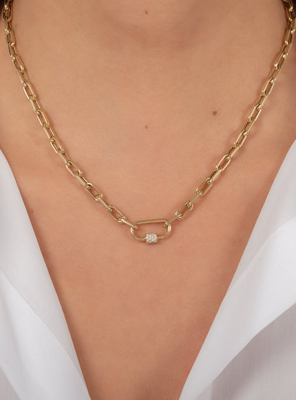Zoe Lev 14K Gold Large Open Link Chain with Diamond Carabiner Necklace