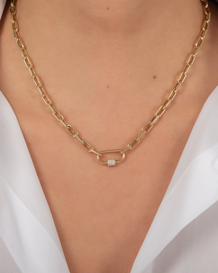 Zoe Lev 14K Gold Large Open Link Chain with Diamond Carabiner Necklace