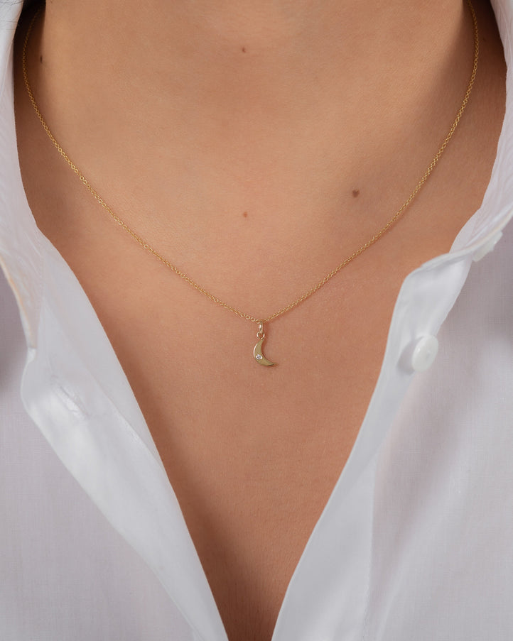 Zoe Lev 14K Gold Moon with Tiny Diamond Pendant
