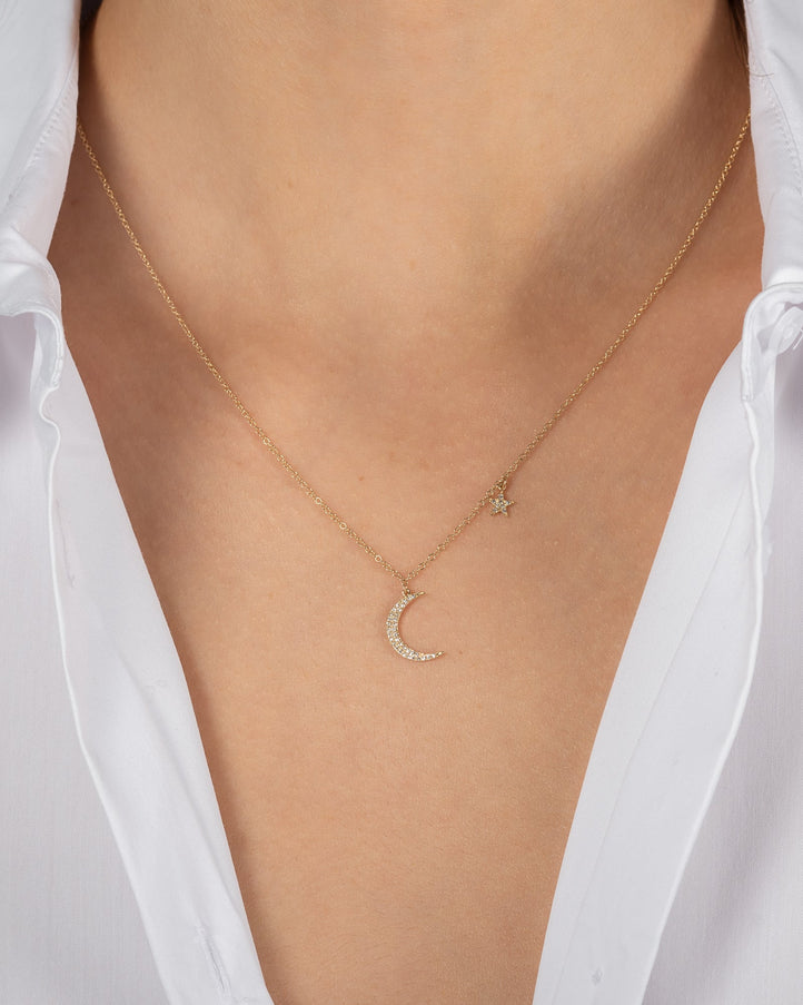 Zoe Lev Pave Diamond Moon and Star Necklace