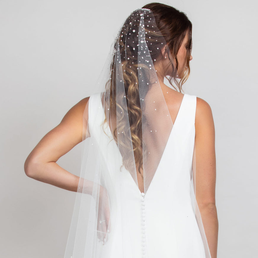 Kellen Cathedral Mantilla Veil with Heavy Crystal and Pearl Top
