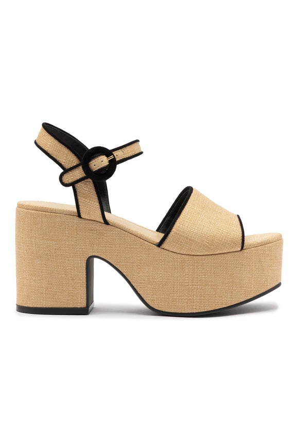 Larroude Miso Sandal In Beige Raffia and Black Trimming