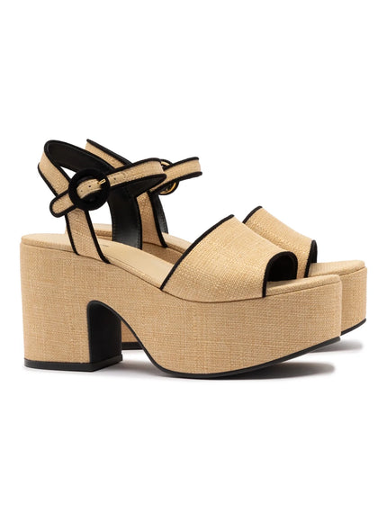 Larroude Miso Sandal In Beige Raffia and Black Trimming