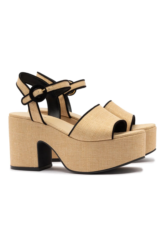 Larroude Miso Sandal In Beige Raffia and Black Trimming