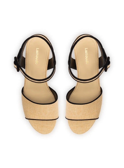 Larroude Miso Sandal In Beige Raffia and Black Trimming