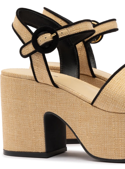 Larroude Miso Sandal In Beige Raffia and Black Trimming