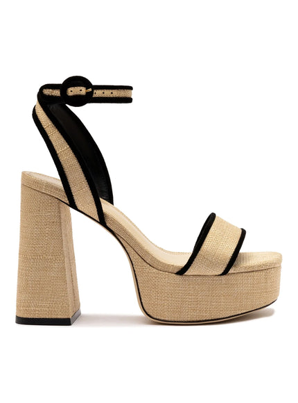 Larroude Dolly Sandal In Beige Raffia and Black Trimming