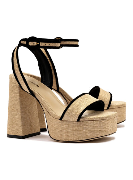 Larroude Dolly Sandal In Beige Raffia and Black Trimming
