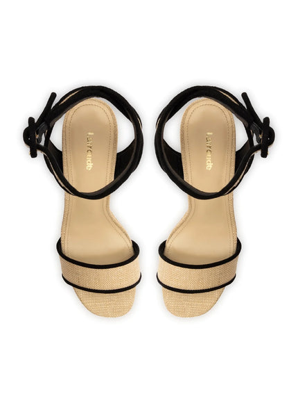 Larroude Dolly Sandal In Beige Raffia and Black Trimming