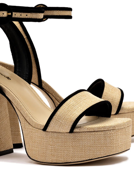 Larroude Dolly Sandal In Beige Raffia and Black Trimming