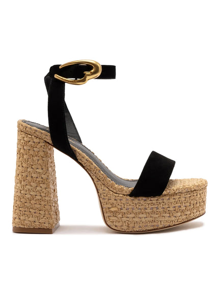 Larroude Dolly Verona Sandal In Black Suede and Natural Raffia