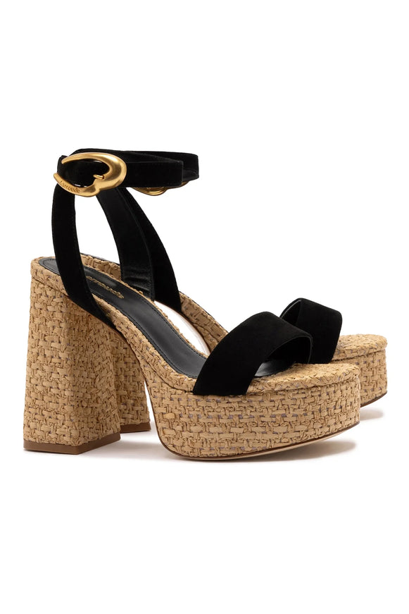 Larroude Dolly Verona Sandal In Black Suede and Natural Raffia