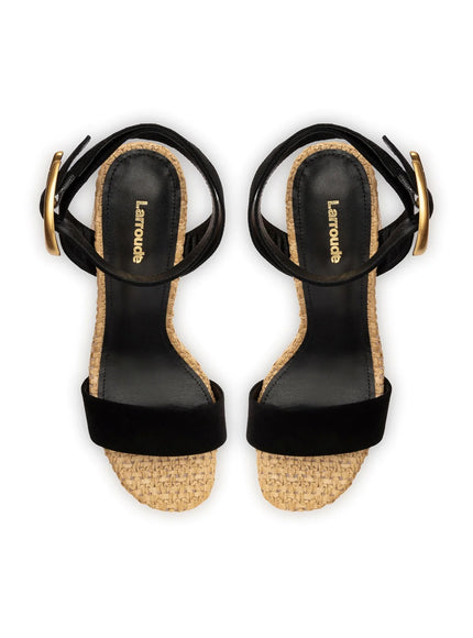Larroude Dolly Verona Sandal In Black Suede and Natural Raffia