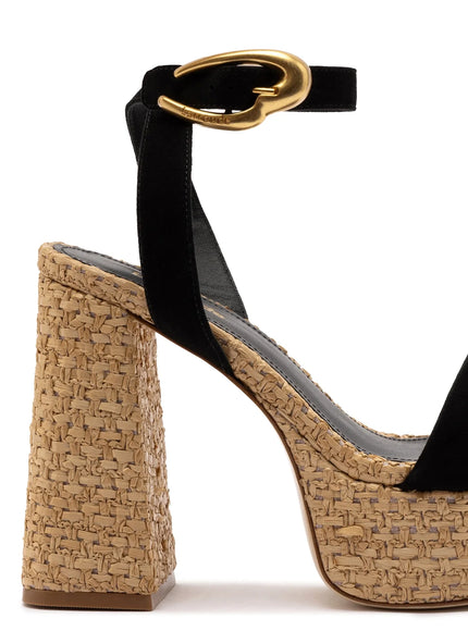 Larroude Dolly Verona Sandal In Black Suede and Natural Raffia