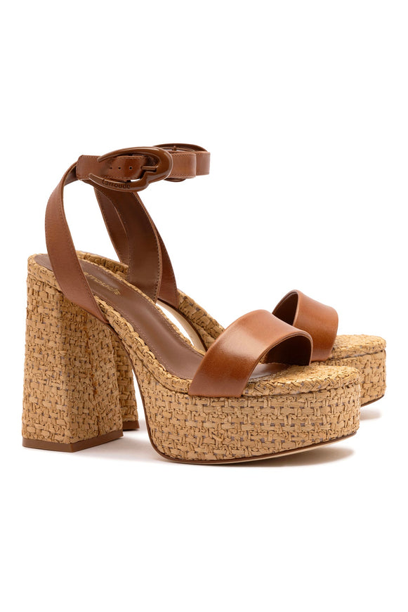 Larroude Dolly Verona Sandal In Caramel Leather and Raffia