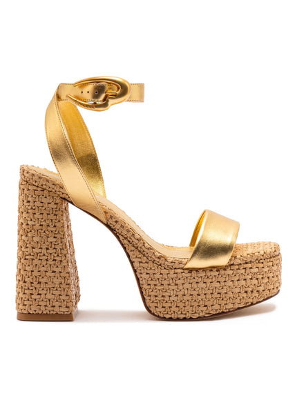 Larroude Dolly Verona Sandal In Gold Metallic Leather and Raffia