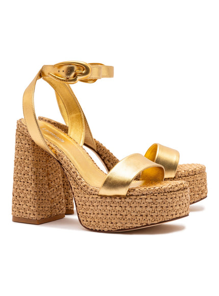 Larroude Dolly Verona Sandal In Gold Metallic Leather and Raffia