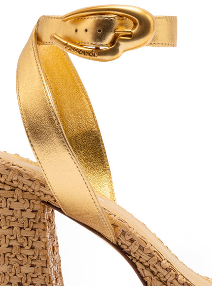Larroude Dolly Verona Sandal In Gold Metallic Leather and Raffia